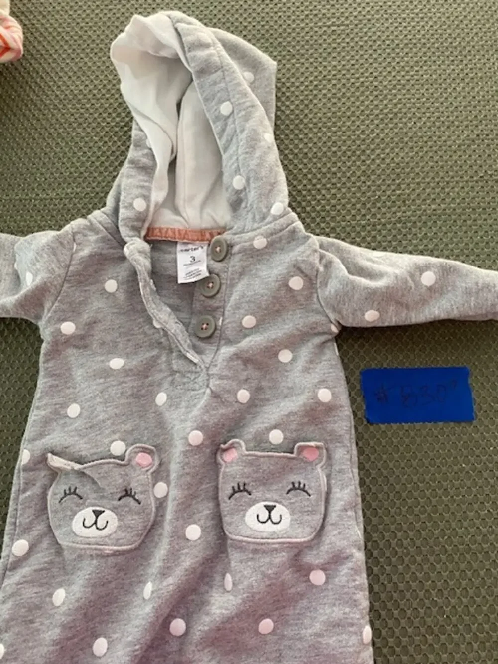 Carter’s Baby Girls 3M Gray Polka Dot Bear Pocket Hooded Romper One Piece